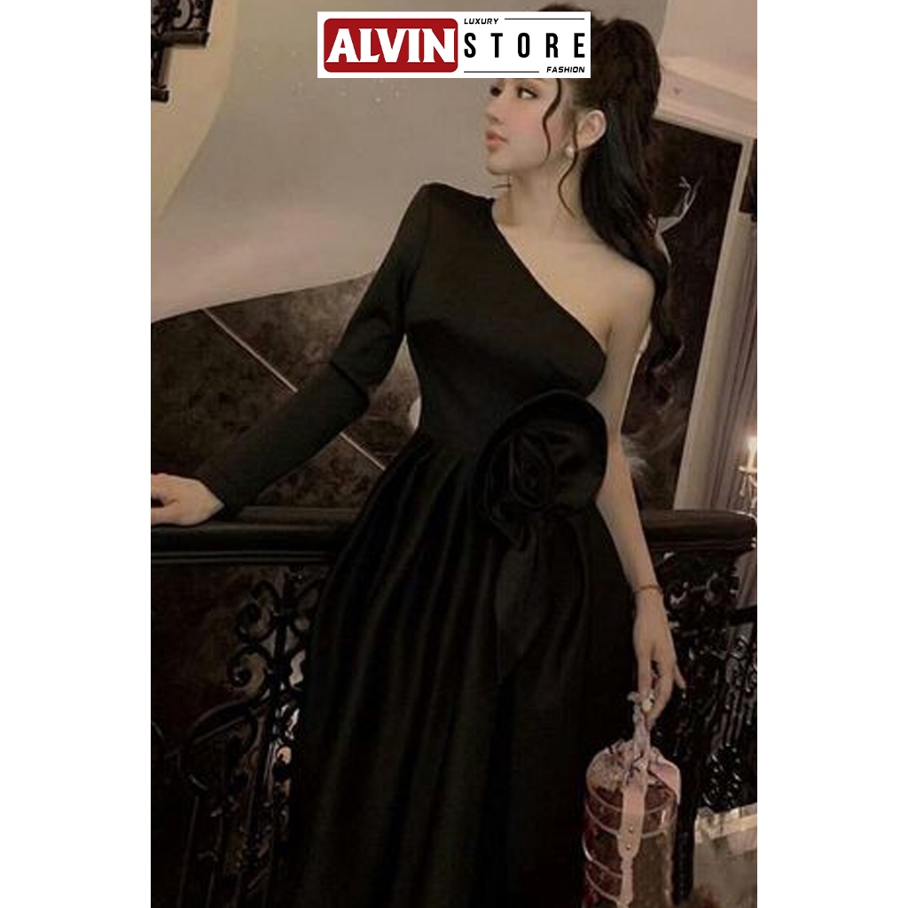 Đầm Xoè Kiểu Tay Dài Lệch Vai Hoa Eo Sang Trọng, Quý Phái Alvin Store 1440E