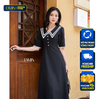 Đầm nữ hè Lamia Design LD111 màu đen phối viền ren trắng