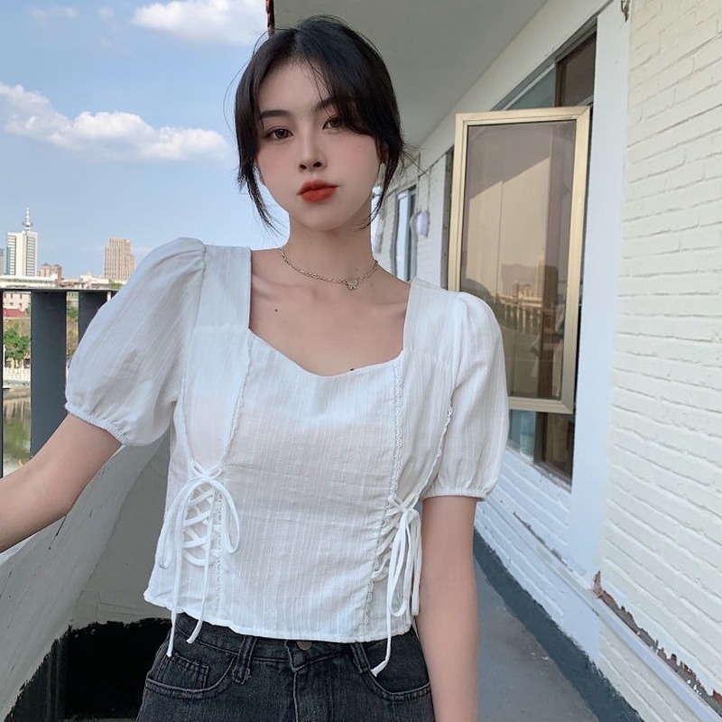 Áo Kiểu Cổ Vuông Tay Phồng Phối Dây Rút Phong Cách Pháp Thời Trang Mùa Hè Cho Nữ