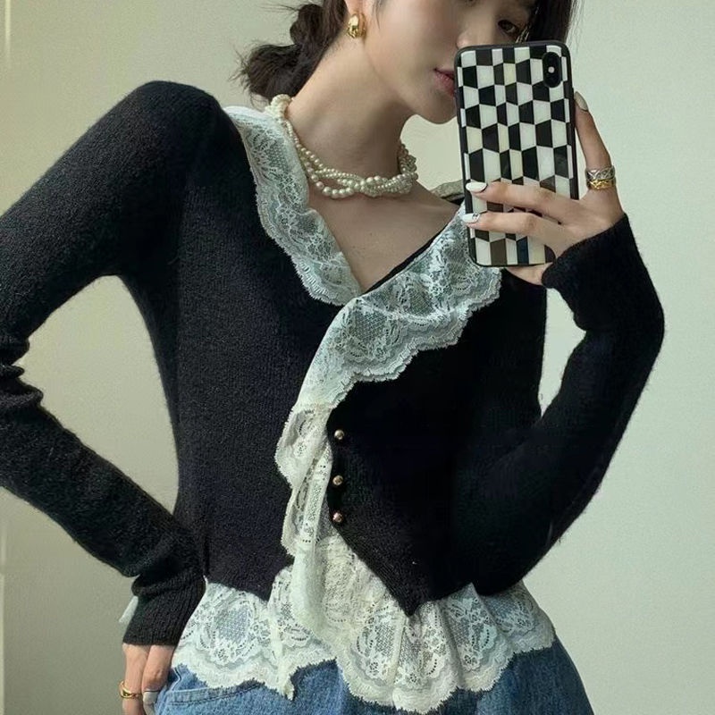 Áo Sweater Dệt Kim Mỏng Tay Dài Phối Ren Phong Cách Pháp Thời Trang Mùa Đông Mới Cho Nữ