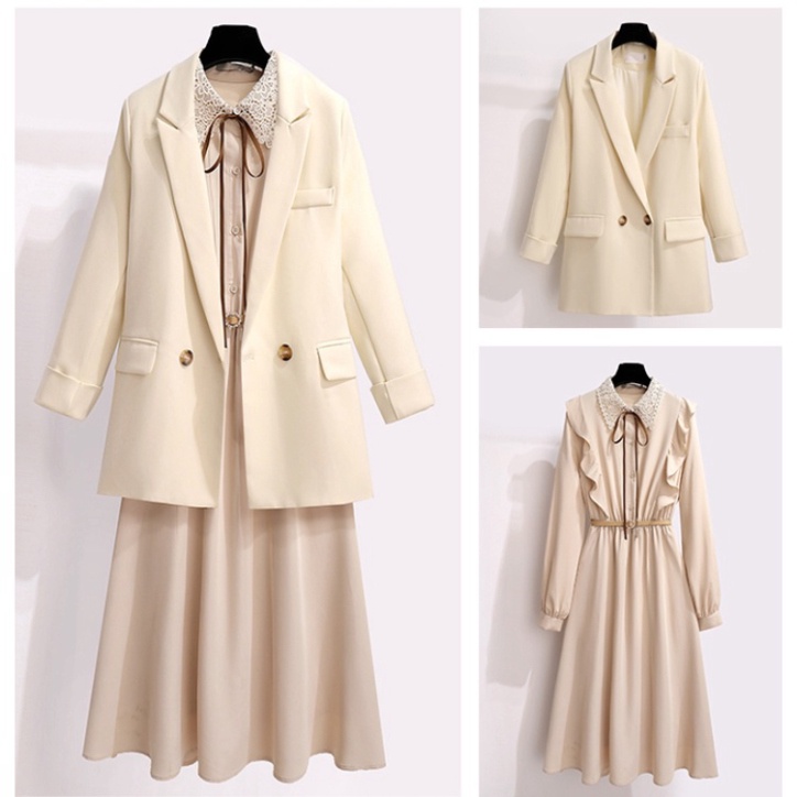 (Oder) Set áo blazer và váy đầm xòe màu khaki dài tay mùa đông.