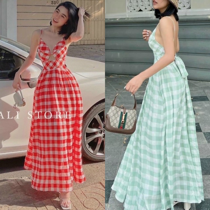 Đầm maxi caro 2 dây khoét hở ngực lưng thắt nơ đỏ/xanh, váy dài có mút sang trọng quyến rũ, thời trang du lịch đi biển