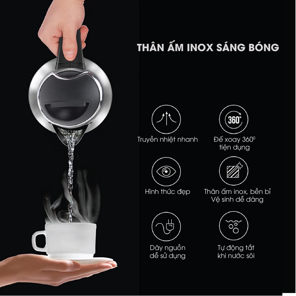 [Mã BMBAU50 giảm 10% đơn 99k] Ấm Siêu Tốc MATIKA Inox 1.8L MTK18