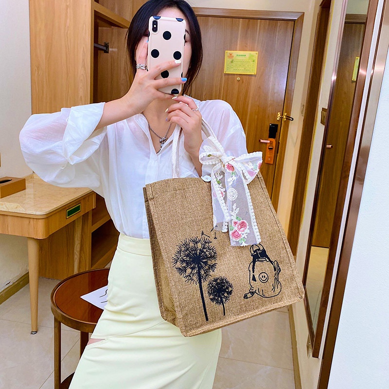 Túi cói ren cột nơ điệu đà đi chơi, túi xách đi biển