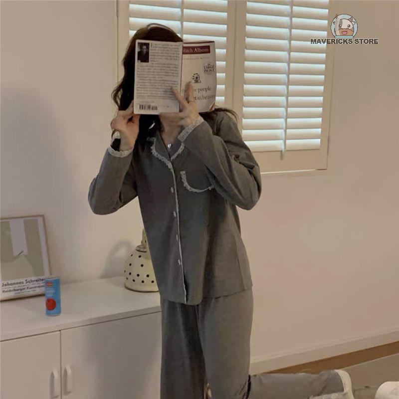 Bộ đồ ngủ phối ren màu trơn phong cách Hàn Quốc dễ thương thời trang mùa thu cao cấp cho nữ