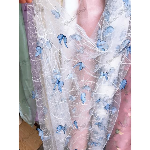 ⚡Giá gốc⚡ Vải lưới hình bướm 3D xanh blue khổ 1m5 may váy đầm, scrunchies