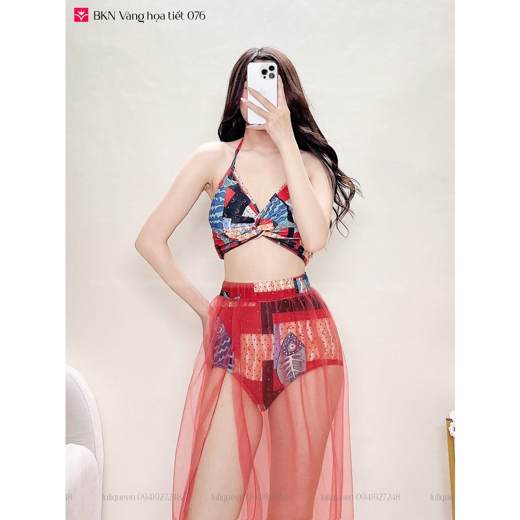 Bikini đi biển vàng họa tiết 076 - LULIQUEEN - Đồ bơi 3 mảnh kèm khăn