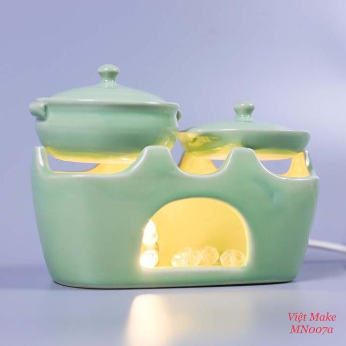 Đèn gốm bếp đôi xanh ngọc Gốm Sứ Bát Tràng trang trí nội thất, đèn để bàn phòng ngủ