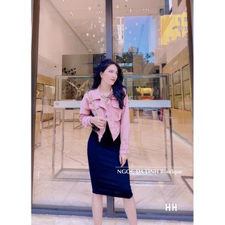 set váy đen áo khoác hồng