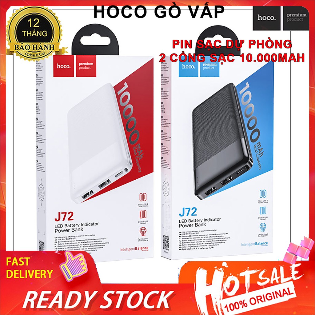 ⚡NowShip⚡ Pin Sạc Dự Phòng 2 Cổng Sạc Nhanh 2A Hoco J72 dung lượng 10000mAh Chính Hãng