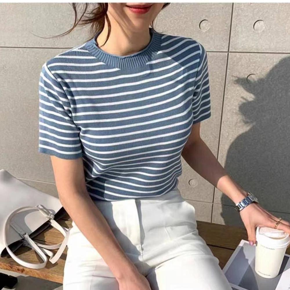 Áo thun nữ cổ tròn ngắn tay áo phông cotton thun dệt kim họa tiết kẻ ngang dáng basic thoáng mát co giãn 4 chiều TOZZO