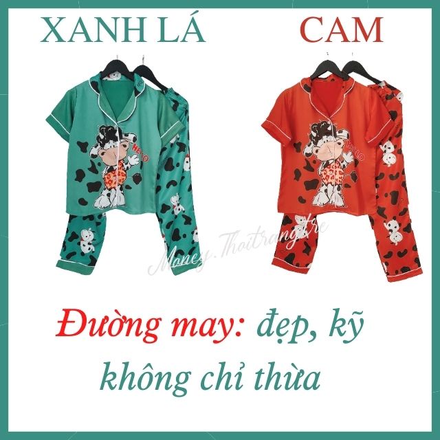 Đồ Bộ Ngủ Mặc Nhà Pijama Nữ Lụa Satin Cao Cấp Không Nhăn Họa Tiết Bò Sữa Tay Ngắn Quần Dài Vải Mềm Thấm Hút Mồ Hôi S M