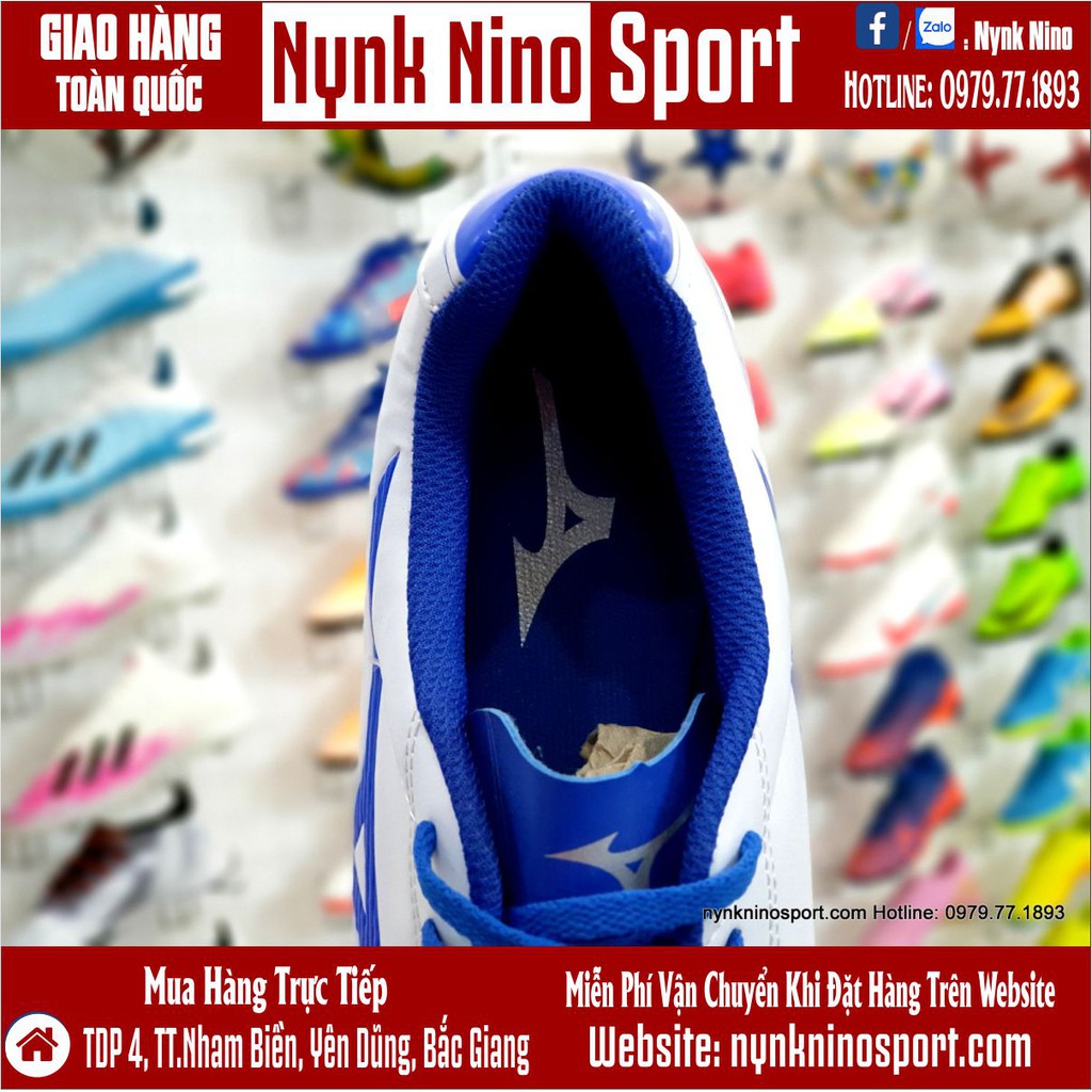 Giày Bóng Đá Mizuno Monarcida Neo Classic Trắng Vạch Xanh Biển TF