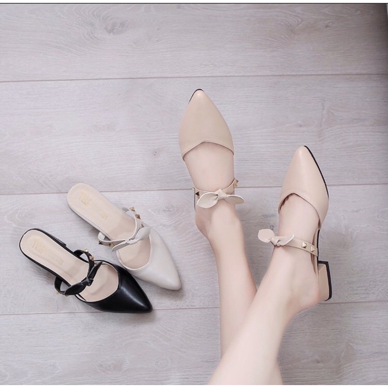 Sục Da💖FREESHIP💖Sục Nữ Sục Cao Gót Giày Cao Gót Mũi Nhọn Gót Vuông 2cm 2 Màu Đen Trắng Sành Điệu thời trang
