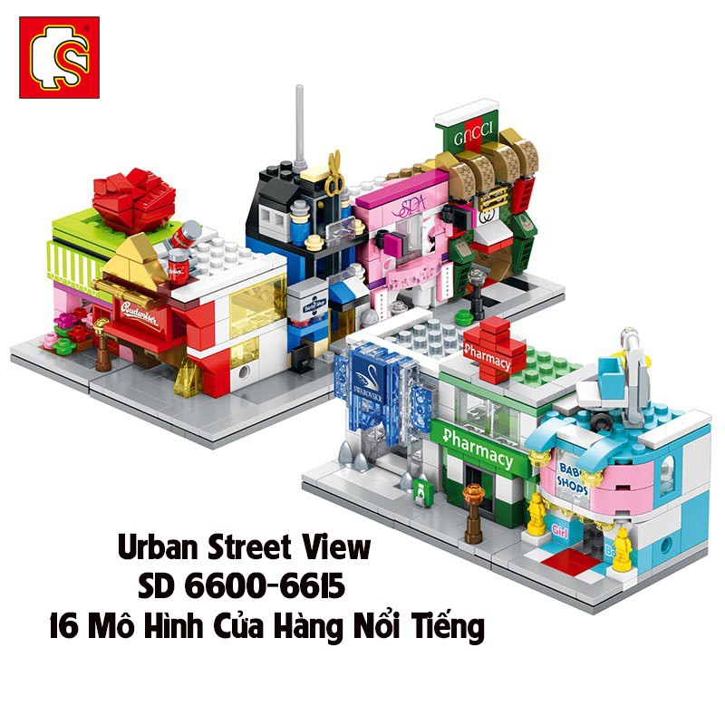 Bộ Đồ Chơi Lắp Ghép Kiểu LEGO Mô Hình Cửa Hàng Nổi Tiếng Urban Street View Series SEMBO BLOCK SD6600 - 6615 Với 600+ PCS