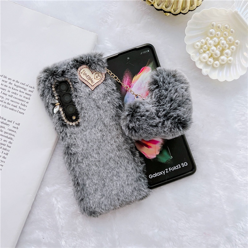Ốp Điện Thoại Lông Thỏ Mềm Gấp Gọn Phối Mặt Trái Tim Dễ Thương Dành Cho Samsung Galaxy Z FOLD 3 4 5G
