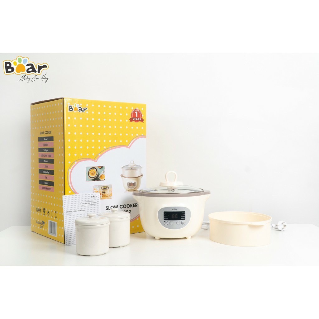 Nồi nấu cháo chậm Bear 1,6l quốc tế, nồi ninh hầm cách thủy, chưng yến cho bé ăn dặm SAMI KIDS