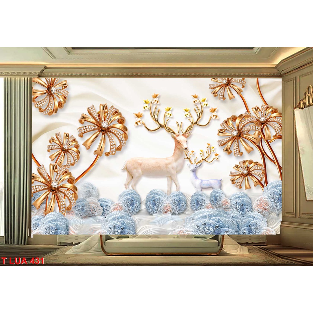 Tranh Dán Tường 3D Phòng Khách, Decal Tuần Lộc, Hoa Lụa Cao Cấp
