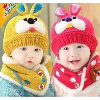 Set khăn mũ len lovely cực đáng yêu cho bé có lót lông ấm bên trong mũ