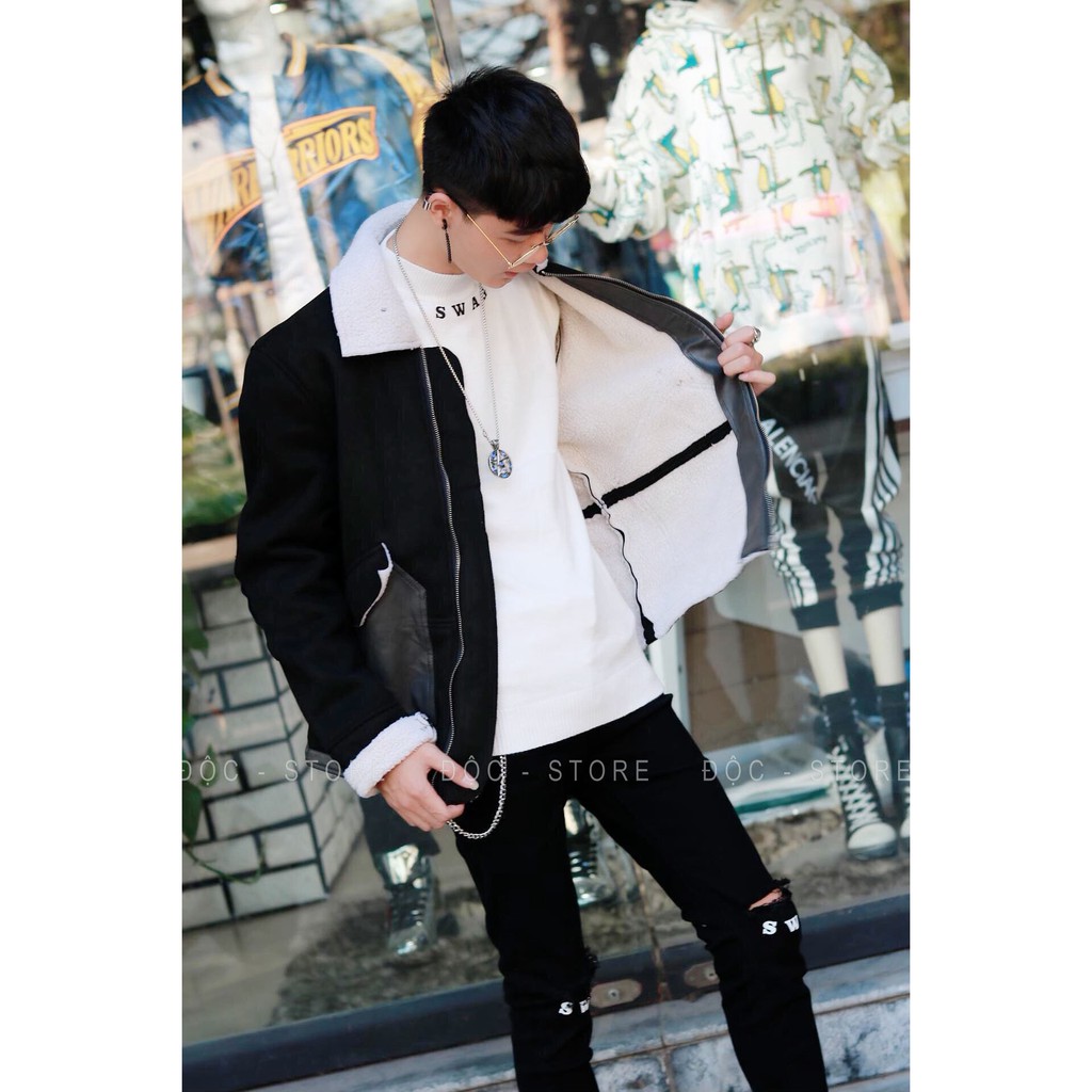 KHOÁC DA LỘN CỔ LÔNG CỪU-UNISEX NAM NỮ