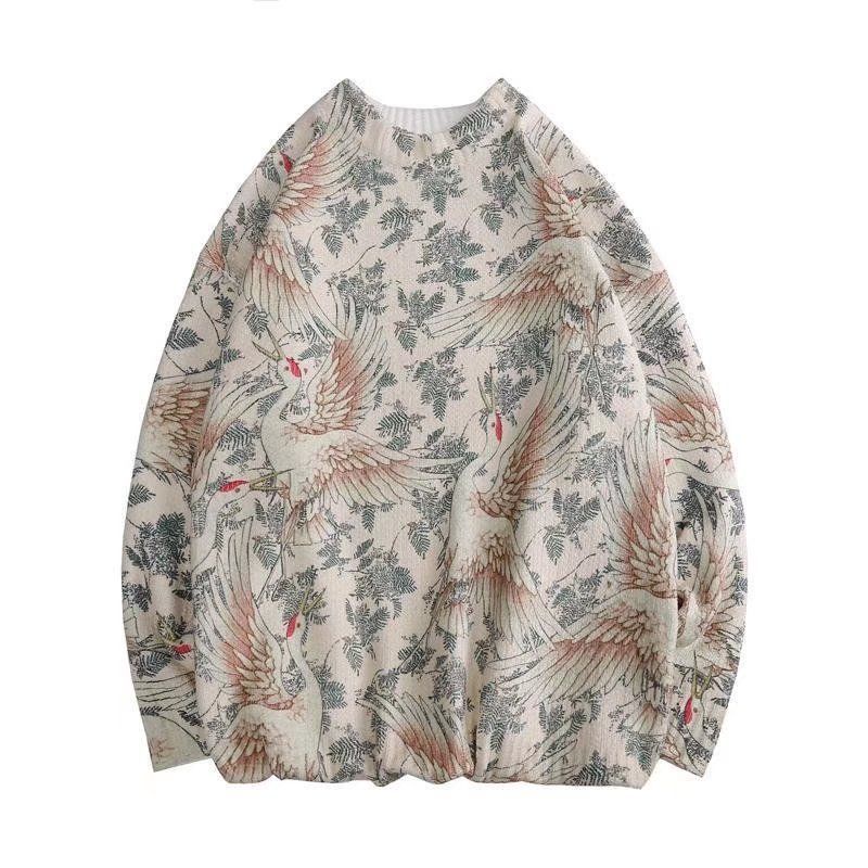 Áo Sweater Dệt Kim Dáng Rộng In Hình Chim Hạc Phong Cách Hàn Quốc Thời Trang Xuân Thu Năm 2021 Cho Nam