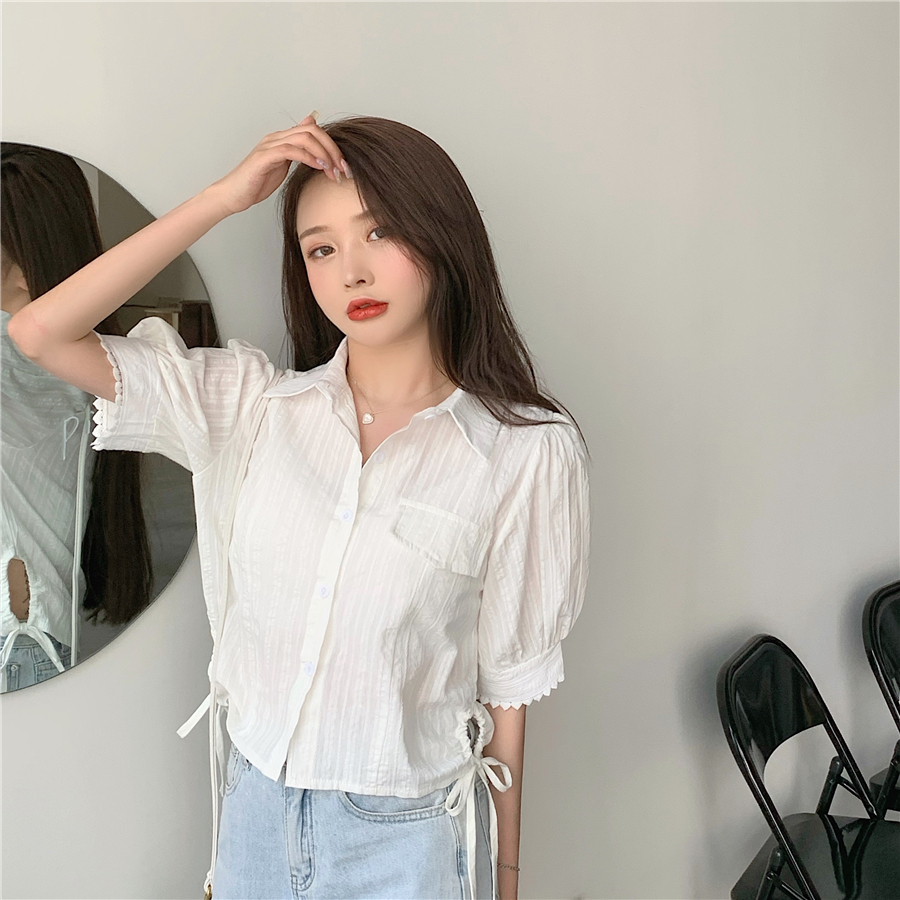 Áo kiểu cho nữ ngắn tay cổ chữ V xếp ly thời trang