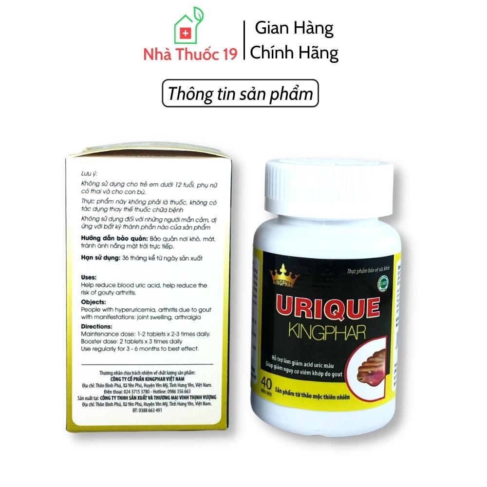 Viên Gout URIQUE Kingphar Dùng Cho Người Bị Gout Giúp Giảm Acid Uric Trong Máu Và Giảm Viêm Khớp Do Gout Hộp 40 Viên