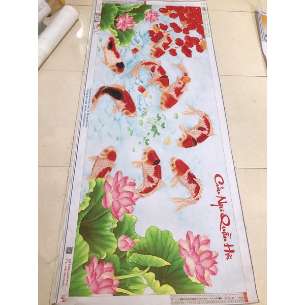 tranh đính đá cửu ngư quần hội 150x70 cm thành phẩm