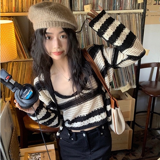 【ZHELIHANGFEI】Áo Cardigan Dệt Kim Lưng Cao Họa Tiết Kẻ Sọc Phong Cách Quyến Rũ