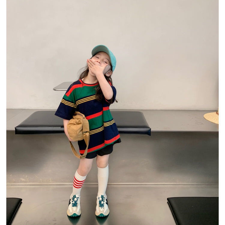 Áo Thun Cotton Dáng Dài Họa Tiết Kẻ Sọc Màu Sắc Tương Phản Phong Cách Hàn Quốc Thời Trang Mùa Hè Cho Nữ