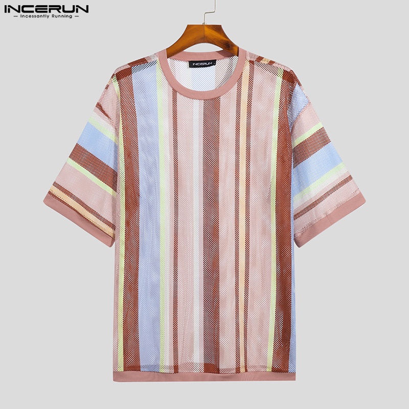 Áo thun INCERUN tay ngắn họa tiết sọc lưới nhiều màu sắc thoải mái cho nam