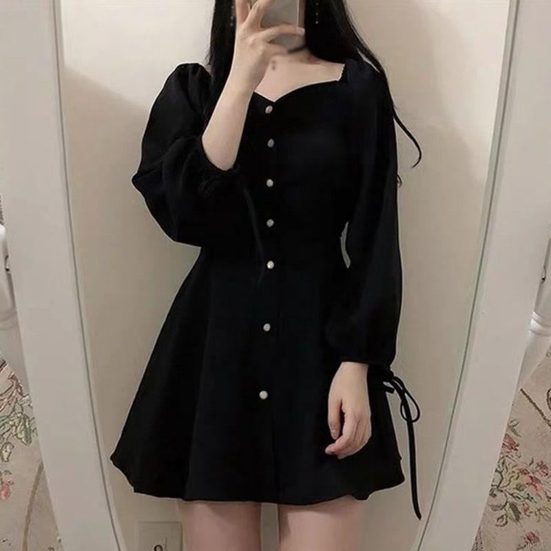 Đầm Nữ Dài Tay Cổ Bẻ Eo Thắt Dây Thời Trang Hàn Xinh Xắn