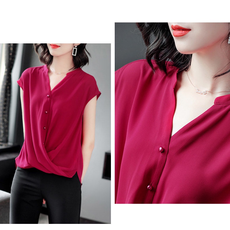 Áo sơ mi voan tay ngắn cổ chữ V thời trang dành cho nữ