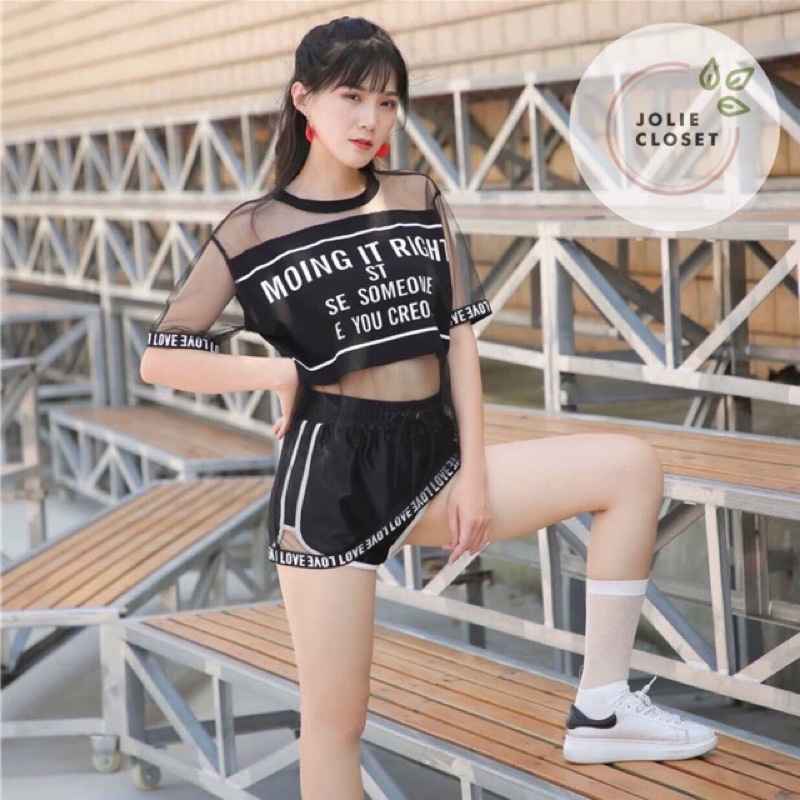 Áo lưới xuyên thấu tay ngắn in chữ, thích hợp cho mùa hè, đi biển, chơi thể thao
