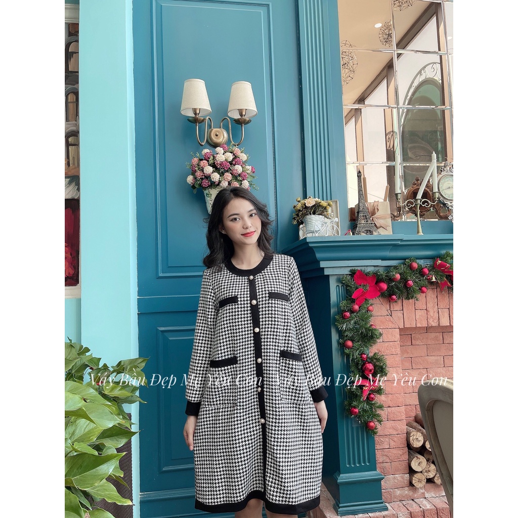 Đầm bầu công sở Váy bầu đẹp dạ kẻ đen ziczac MYC 14M
