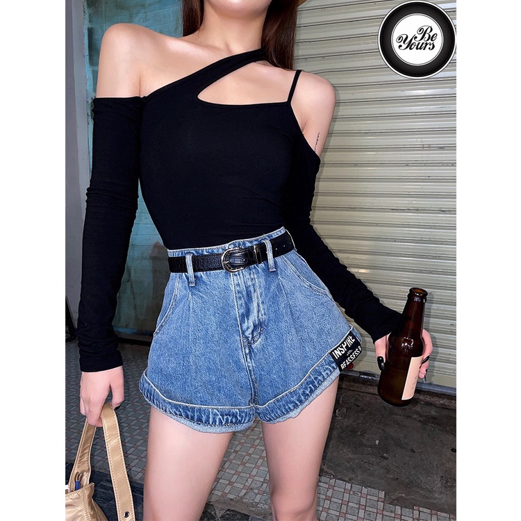 Áo Croptop 2 Dây Hở Vai 1 Bên Bigsize Dài Tay May Hai Lớp Chất Borib 2 Chiều Co Dãn "QUÂY XÉO TD"