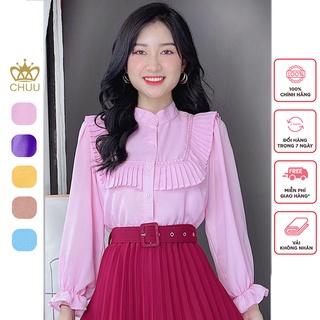 Áo sơ mi nữ cổ trụ vạt vuông bèo tay phồng CHUU A8101