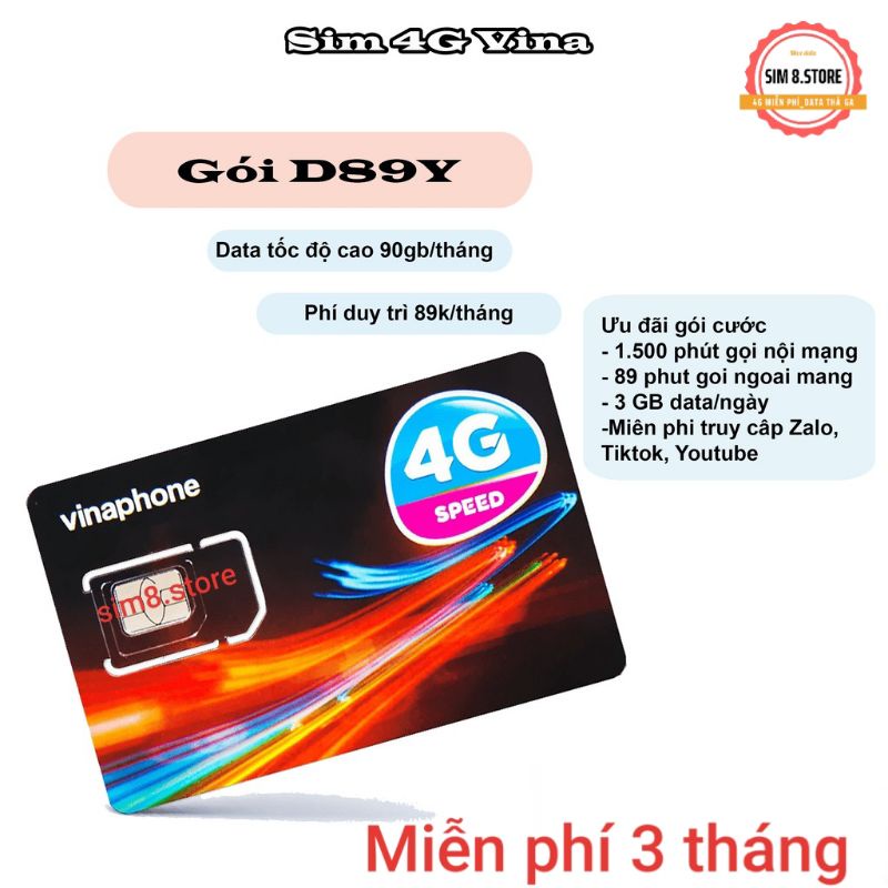 Sim Vina 4G D89Y 3G/ngày, 89p ngoại mạng. Miễn phí 3 tháng