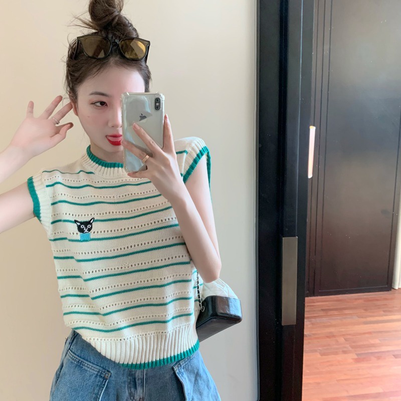 Áo len ZHELIHANGFEI không tay họa tiết sọc thời trang dành cho nữ