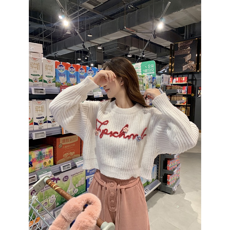 Áo sweater dệt kim cổ tròn dáng rộng in chữ kiểu Hàn Quốc dễ thương dành cho phụ nữ