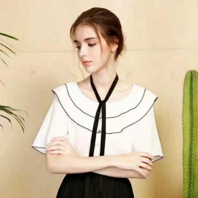 Áo voan cổ bèo dây nơ xuất Pháp (có sẵn)