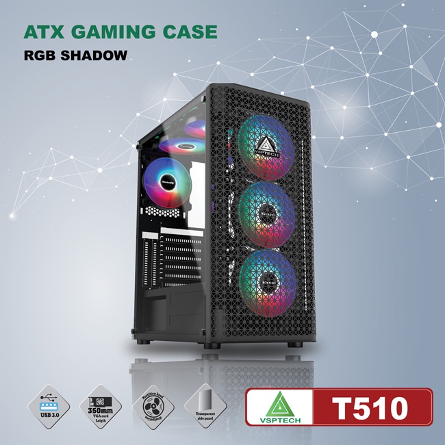 Vỏ máy tính VSPTECH ATX Gaming T510 - Mặt lưới ( không fan )