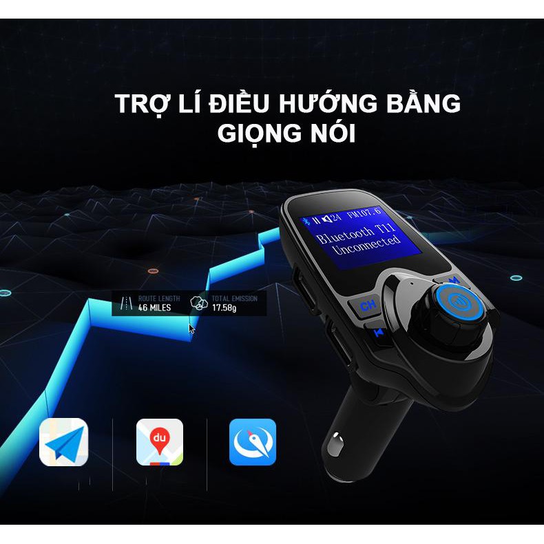 Tẩu sạc ô tô , Tẩu Nghe Nhạc Mp3 Bluetooth T11 Cho Xe Hơi Màn Hình led 1.4inch đa phương tiện -2 cổng usb 2.1a - TF