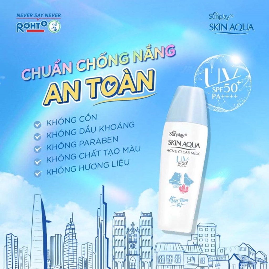 Sữa chống nắng dưỡng ẩm, ngừa mụn, kiềm dầu Sunplay Skin Aqua ACNE CLEAR MILK SPF50+ PA++++ 25g