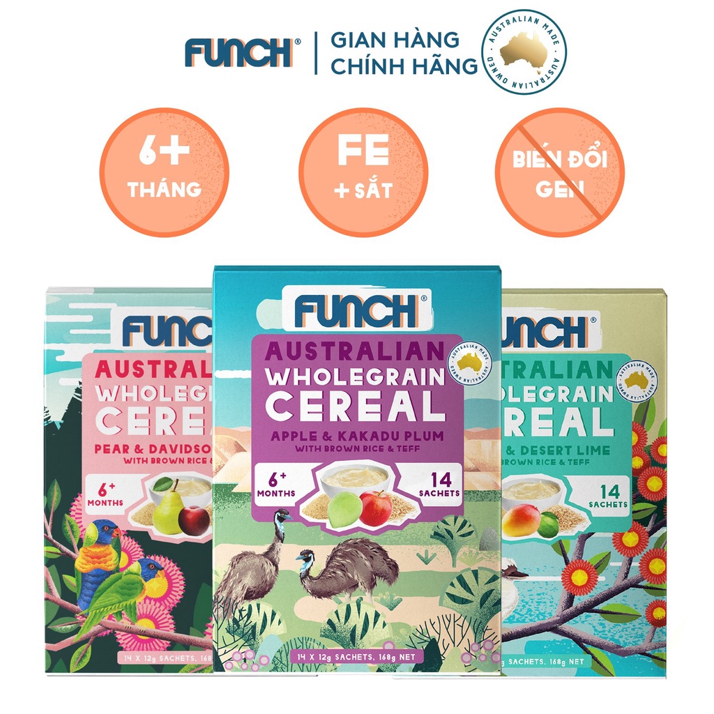 Bột Ăn Dặm Cho Bé Từ 6 Tháng FUNCH Ngũ Cốc Nguyên Cám Gạo Lứt, Hạt Teff, Trái Cây Hộp 14 gói 168g
