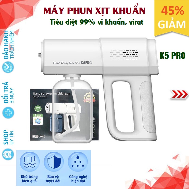 Máy xịt khử khuẩn cầm tay phun sương nano diệt khuẩn K5 Pro cao cấp với 8 mắt UV, phun diệt khuẩn xa 1.5m Loại cao cấp