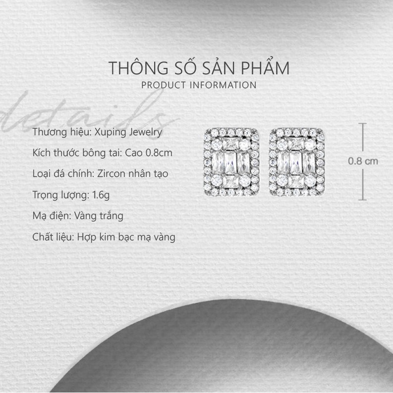 Bông Tai Nữ Mạ Vàng Trắng, Thiết Kế Mặt Vuông Đính Đá - XPBT73