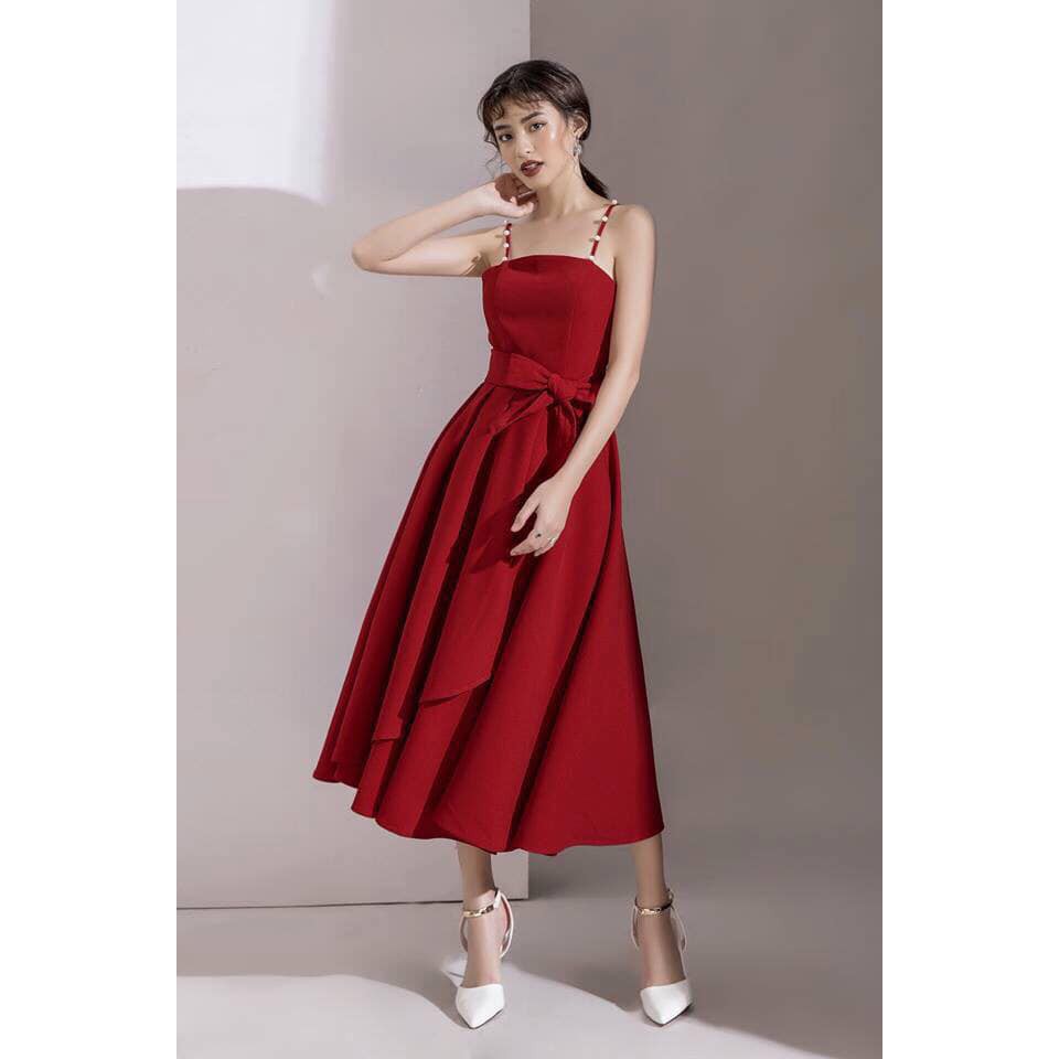 HÌNH THẬT- Đầm dự tiệc maxi 2 dây kết hạt thắt nơ eo/ Đầm dự tiệc sang chảnh Hàng thiết kế