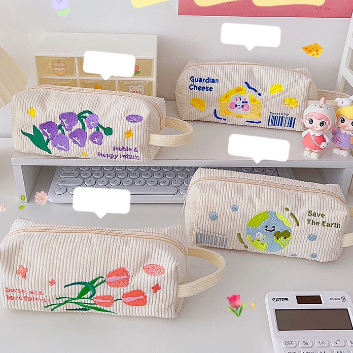 Hộp Bút Vải Gân Sọc Save The Earth Hoa Tulip Cheese Thêu Hình Hoặc Trơn (đọc mô tả)