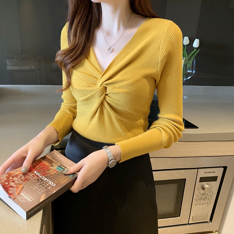 IELGY   Áo Dệt Kim Mỏng Tay Dài Cổ Chữ V Màu Đen Thời Trang Cho Nữ